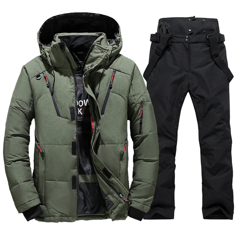 Mens windproof ski suit with hooded jacket and black pants SF2045, breathable and stylish for winter sports